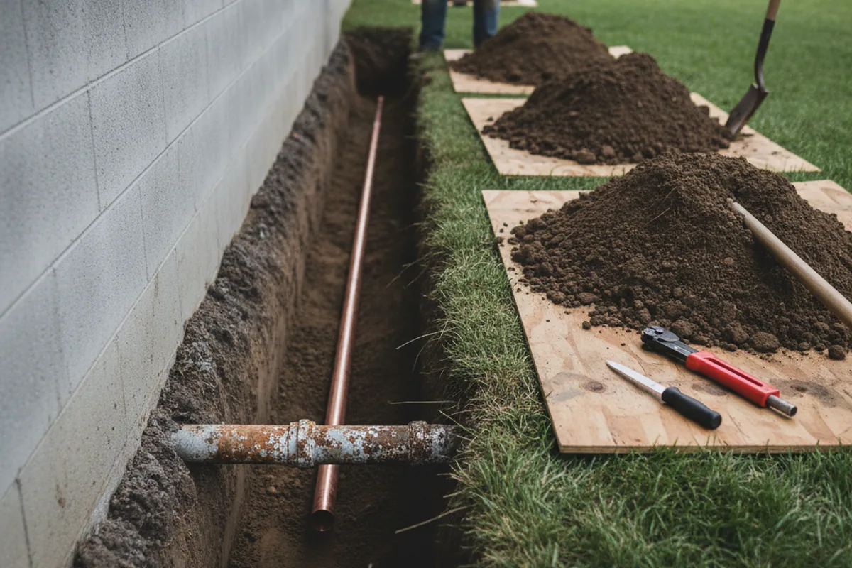 Excavated water line trench during Water Softener Installation in North Springfield